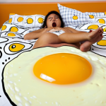 **Prompt:** Gudetama lounging lazily on a bed of egg white, surrounded by social media icons and stressed-looking people rushing around. The overall feeling should be relatable and humorous, reflecting the modern pressure to be productive.