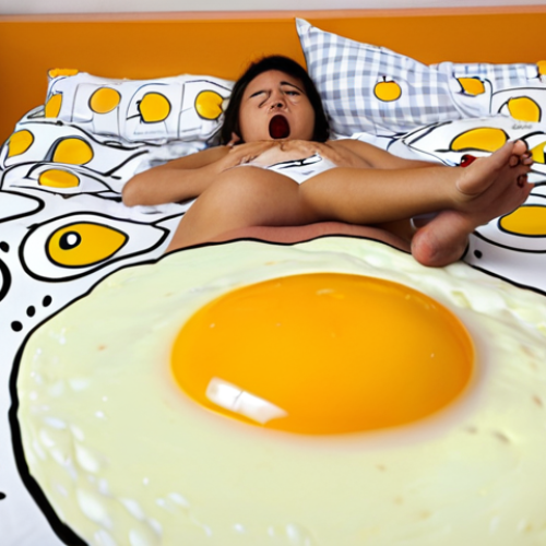 Home 11 **Prompt:** Gudetama lounging lazily on a bed of egg white, surrounded by social media icons and stressed-looking people rushing around. The overall feeling should be relatable and humorous, reflecting the modern pressure to be productive.