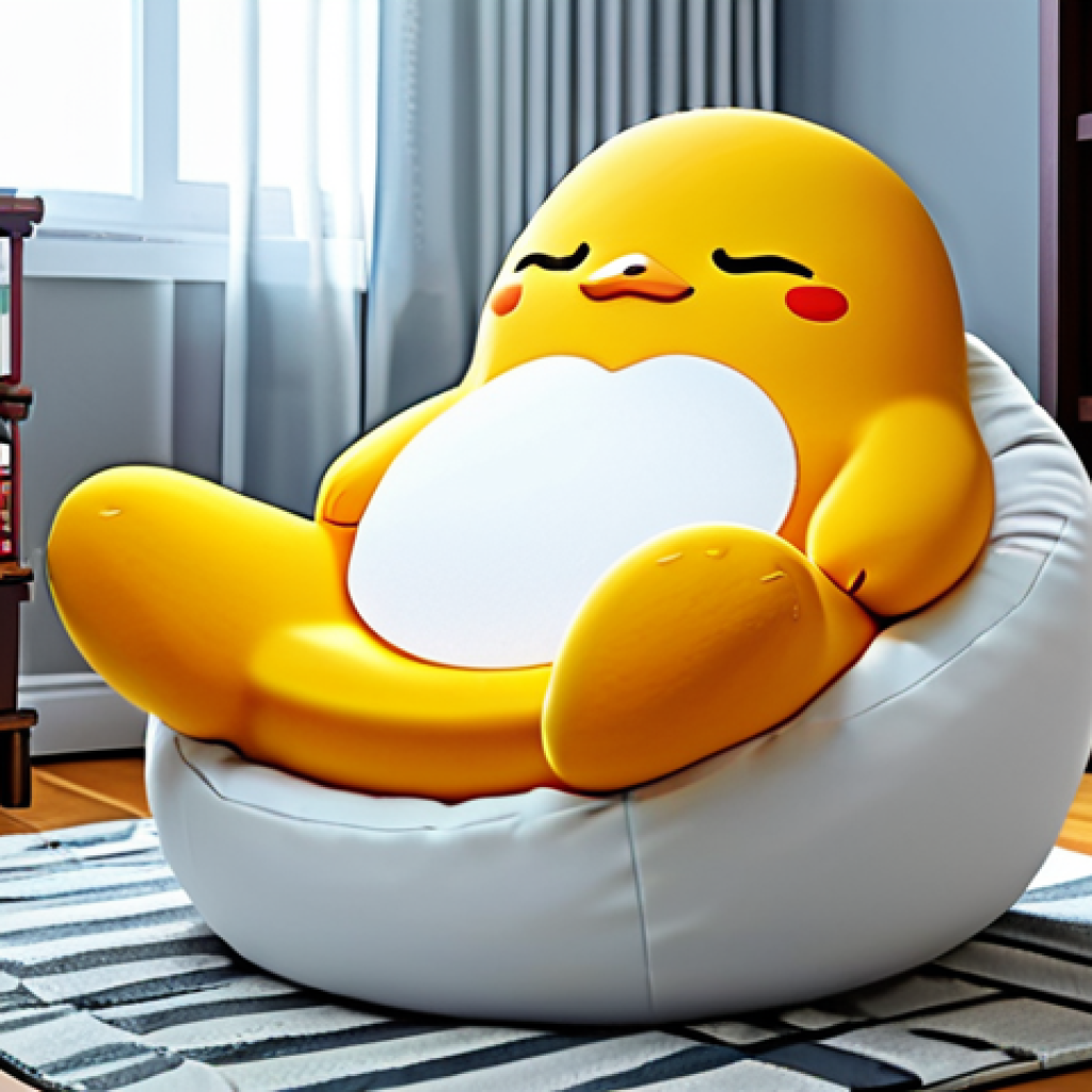 Gudetama's Relaxed Philosophy**

"Gudetama lounging on a comfy beanbag chair in a brightly lit, modern living room, fully clothed (as appropriate for a Gudetama egg character), surrounded by books and soft pillows, appropriate attire, safe for work, perfect anatomy (for the egg and surrounding objects), natural proportions, professional digital art, high quality, family-friendly."

**
