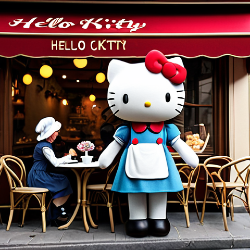 **
"Hello Kitty in a cozy Parisian café, wearing a beret and a classic, modest dress. She is serving tea to a group of friendly animal characters. The café has a warm, inviting atmosphere with flowers on the tables. Safe for work, appropriate content, fully clothed, professional, perfect anatomy, natural proportions, family-friendly illustration."
**