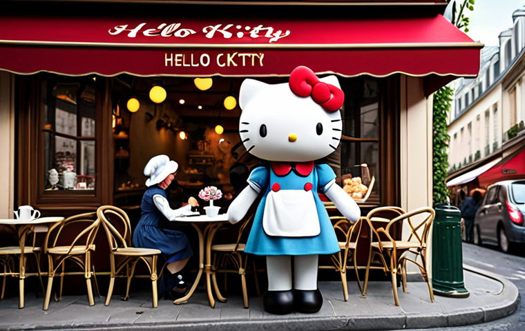 **

"Hello Kitty in a cozy Parisian caf&eacute;, wearing a beret and a classic, modest dress. She is serving tea to a group of friendly animal characters. The caf&eacute; has a warm, inviting atmosphere with flowers on the tables. Safe for work, appropriate content, fully clothed, professional, perfect anatomy, natural proportions, family-friendly illustration."

**