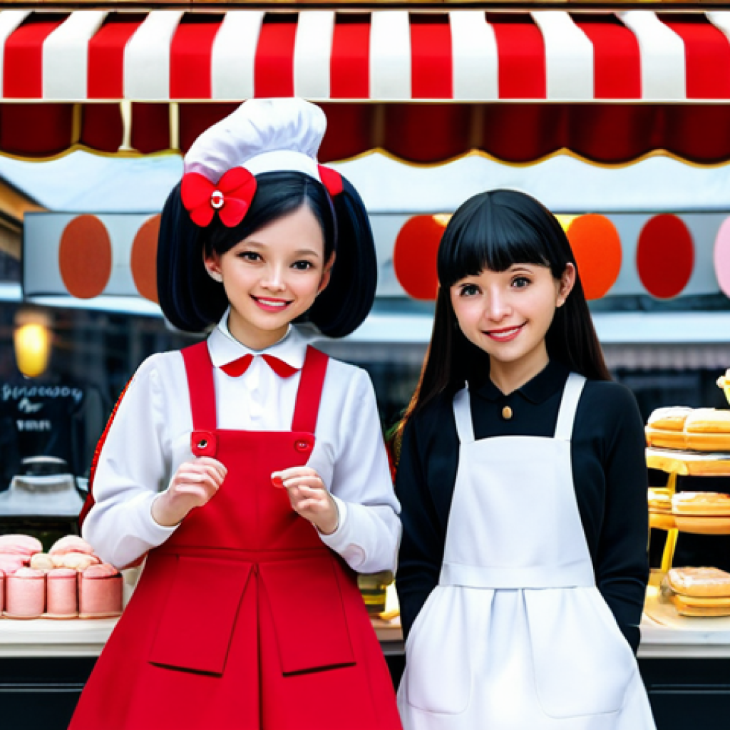 마이멜로디와 쿠로미의 관계 - Best Friends**

"My Melody and Kuromi, standing side-by-side in a cute Parisian cafe, enjoying macar...