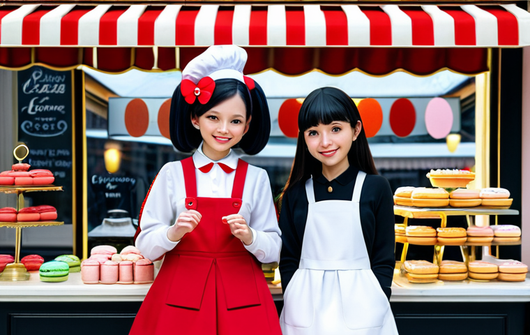 마이멜로디와 쿠로미의 관계 - Best Friends**

"My Melody and Kuromi, standing side-by-side in a cute Parisian cafe, enjoying macar...