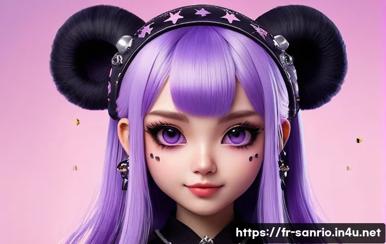 쿠로미의 반항적 캐릭터 분석 - A detailed portrait of Kuromi in her signature gothic-kawaii style, featuring her black and purple o...