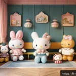 Home 20 산리오 브랜드의 성공 요인 - A heartwarming scene featuring a group of adorable characters inspired by Sanrio, each wearing color...