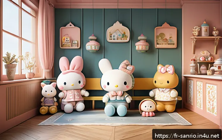 산리오 브랜드의 성공 요인 - A heartwarming scene featuring a group of adorable characters inspired by Sanrio, each wearing color...
