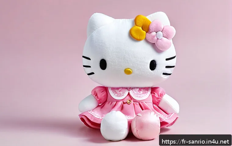 산리오 제품별 품질 비교 - A high-quality Sanrio plush Hello Kitty made from soft cotton and polyester fabric, featuring precis...