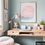 Home 23 마이멜로디와 힐링 문구의 콜라보 - A cozy, pastel-colored home office corner bathed in soft natural light, featuring a small wooden des...
