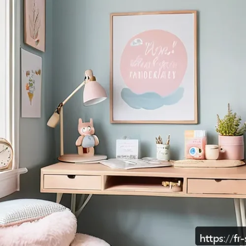 Home 17 마이멜로디와 힐링 문구의 콜라보 - A cozy, pastel-colored home office corner bathed in soft natural light, featuring a small wooden des...