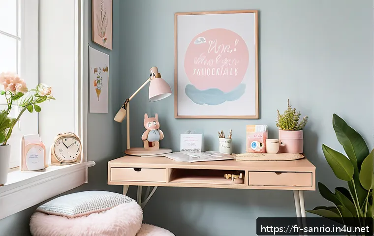 마이멜로디와 힐링 문구의 콜라보 - A cozy, pastel-colored home office corner bathed in soft natural light, featuring a small wooden des...