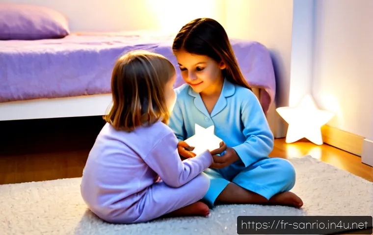 키키와 라라 스토리북의 교훈 - Photorealistic French children’s storybook scene: two young friends in pastel pajamas sitting togeth...